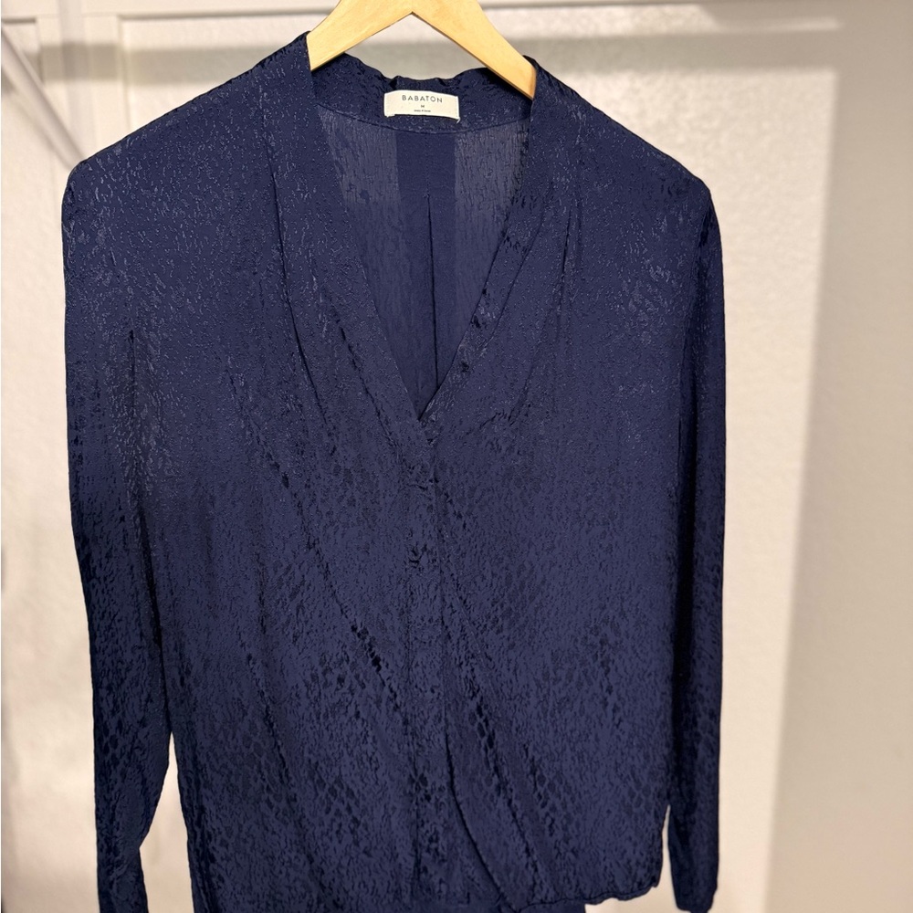 Babaton Blue Wrap Blouse with Notched Collar